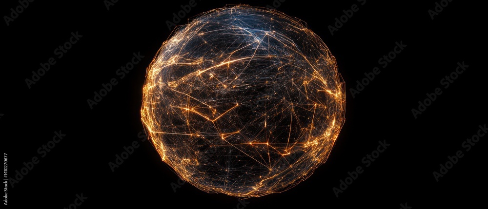 Poster glowing interconnected network sphere on dark background