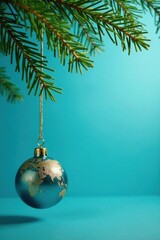 Ornament with Christmas tree branches hanging from a blue background , Christmas ornaments, winter scene