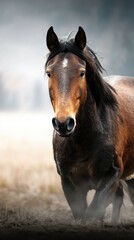 Obraz premium Majestic horse walking through misty meadow at dawn surrounded by soft grass and subtle lighting