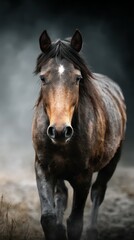 Obraz premium Majestic horse walking gracefully through misty landscape during early morning light