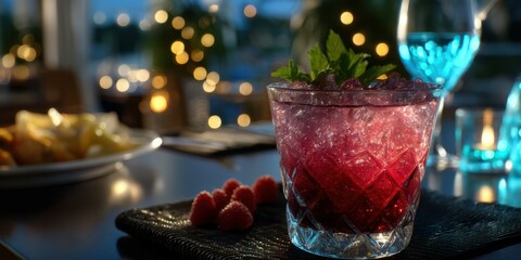 Refreshing raspberry cocktail served on a table with soft ambient lighting during an evening gathering