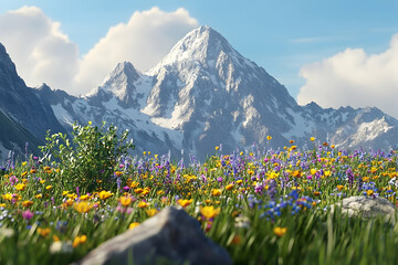 Majestic mountain peak amidst a vibrant meadow of wildflowers.