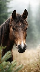 Obraz premium Majestic brown horse standing in misty meadow at dawn among tall grass and soft pine trees