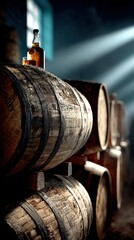 Naklejka premium Whiskey barrels stacked in a dimly lit distillery with light rays highlighting the scene