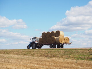 A tractor transporting hay bales