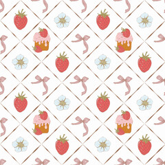 Cute seamless pattern with strawberries, flowers, bow and cake. Hand drawn sweet food background for textile, printing, packaging