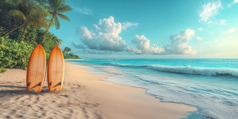 Surfboards wait on the sandy beach as waves crash under a sunny sky with fluffy clouds