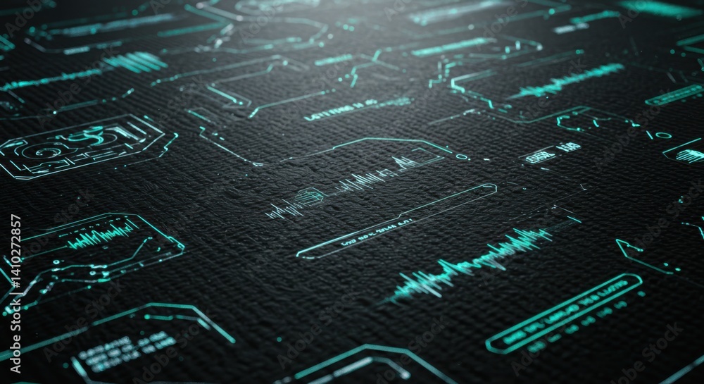 Poster Futuristic Technology Interface Displaying Data on a Dark Surface