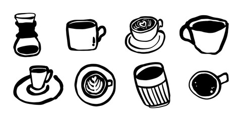 Hand-drawn doodle sketch set of coffee items, including a cup, coffee makers, espresso, latte, cappuccino, and more. Perfect for coffee shop branding, café menus, and beverage designs.