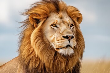 Naklejka premium Majestic male lion with windswept mane, intense gaze, and golden fur