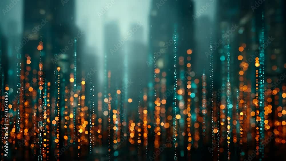 Poster abstract digital data streams in an urban environment with blurred buildings, information overload b