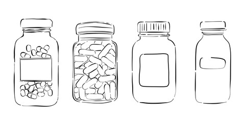 Hand-drawn doodle sketch set of four jars with pills and capsules. A clean and simple illustration, perfect for pharmaceutical branding, medicine packaging, health-related designs
