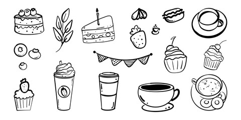 Hand-drawn doodle sketch set of coffee cups with coffee, a branch, a garland, a cupcake with a candle, and pastries like buns and cakes. Perfect for café branding and cozy designs.