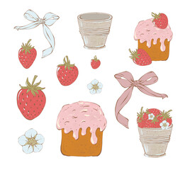 Set of cute strawberry pastry elements. Hand drawn sweet food isolated for textile, printing, packaging, stickers