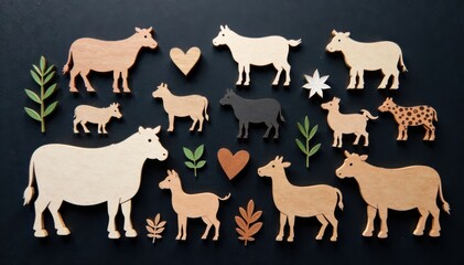 Farm animal shapes cut out from dark background against white , cutout, whitebackground
