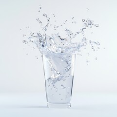 Water Splash in Glass: Crystal-clear water explodes from a glass in a dynamic splash, showcasing the purity and refreshment of hydration.