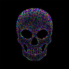 A colorful halftone illustration of a skull made of vibrant dots on a black background.