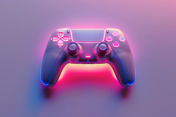 Modern gamepad illuminated in pink and purple on violet background. Flat lay of game controller for video games and e-sports