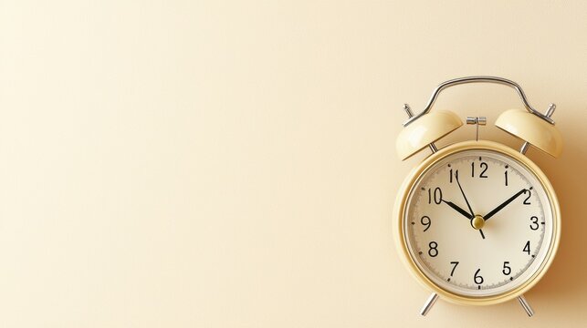 A vintage pastel yellow alarm clock rests on a minimalist beige background providing ample copy space ideal for time management concepts and wake up call related designs.