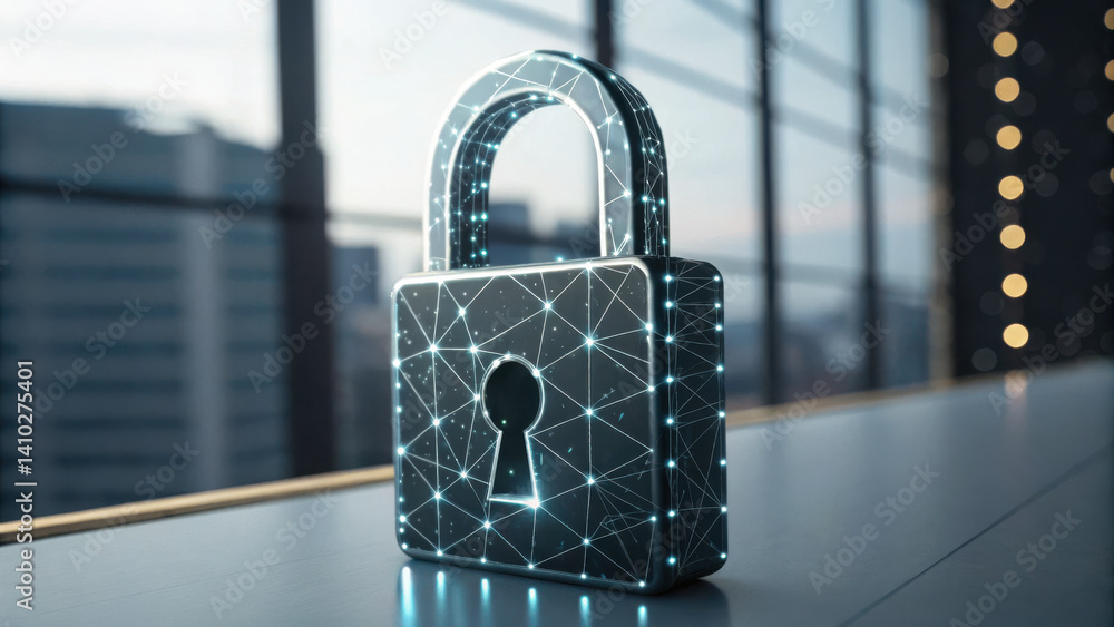 Poster digital lock symbolizes cybersecurity service with modern design showcasing interconnected lines and