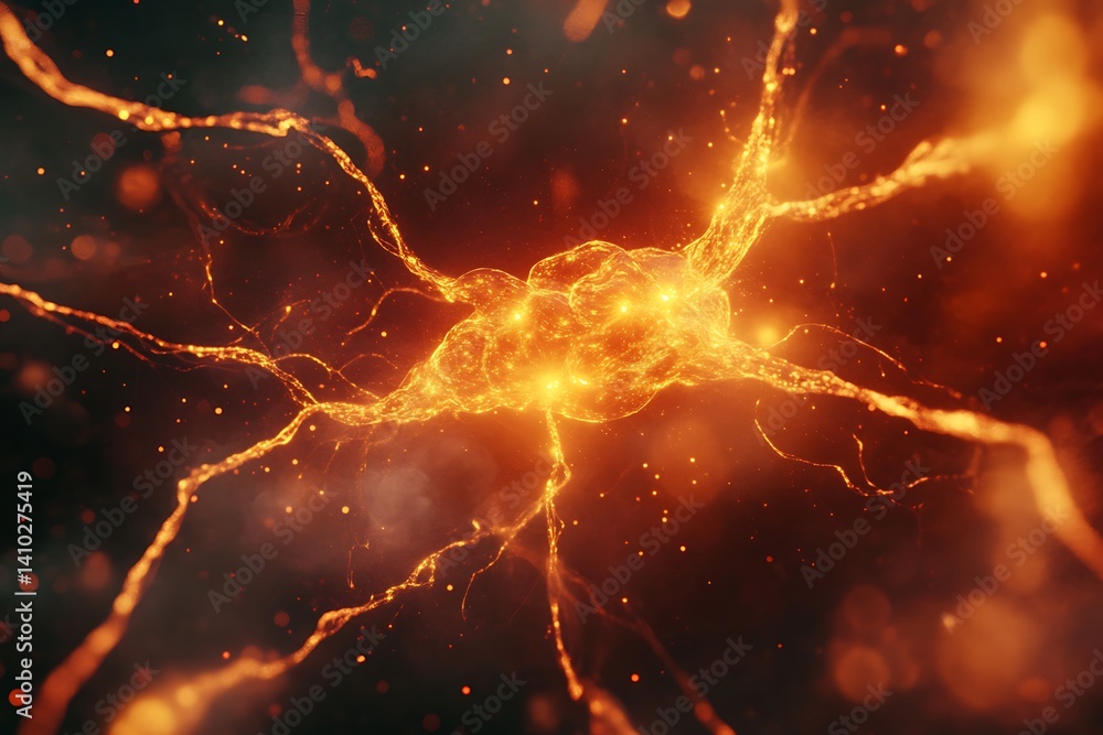 Poster neuron depiction with glowing branches and synapses, illustrating electrical impulse transmission wi