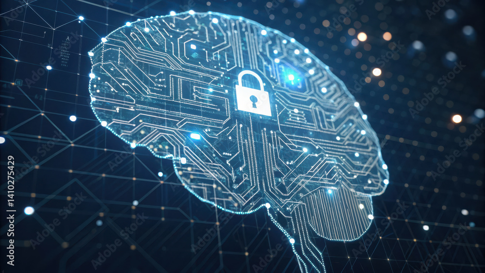 Poster image represents digital brain with lock symbol, emphasizing importance of cybersecurity in modern s