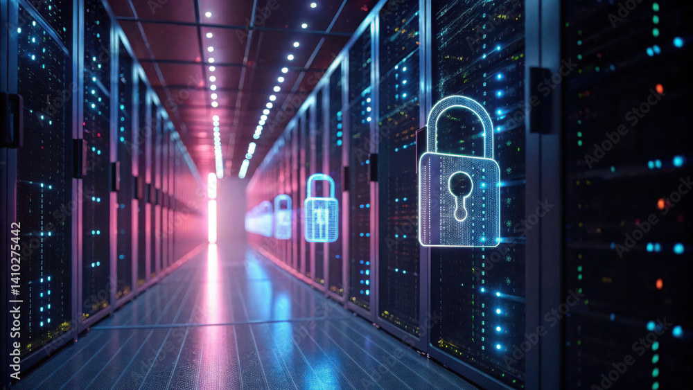 Poster modern data center showcasing cybersecurity service with illuminated locks symbolizing protection an