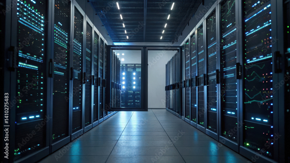 Poster high tech data center showcasing advanced cybersecurity service with rows of servers and illuminated