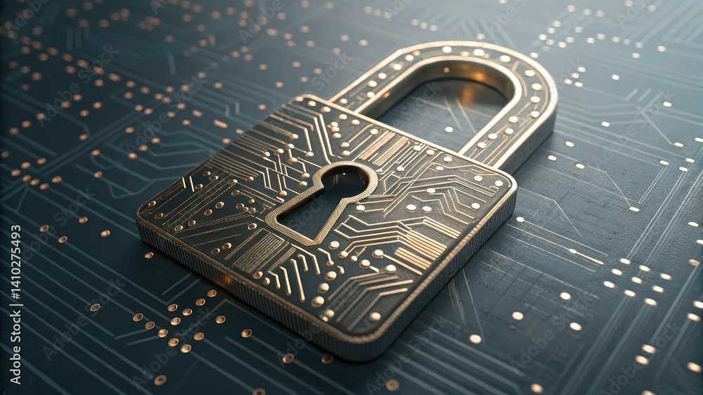Poster digital padlock symbolizes cybersecurity service with intricate circuit patterns representing techno