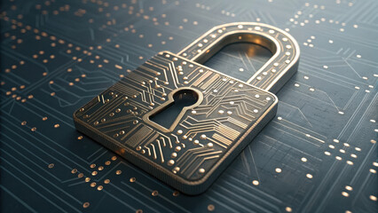 digital padlock symbolizes cybersecurity service with intricate circuit patterns representing technology and protection