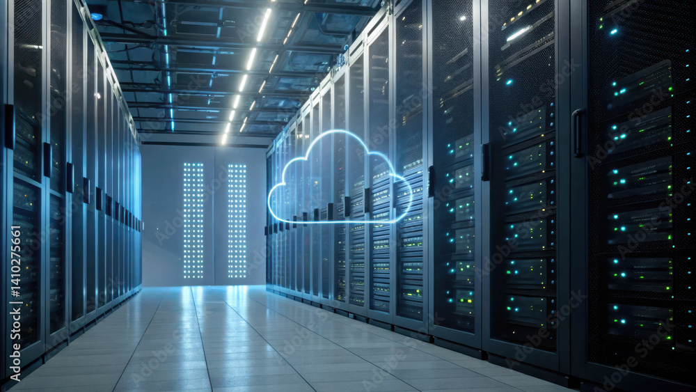 Poster modern data center showcasing advanced cybersecurity service with cloud technology integration and e