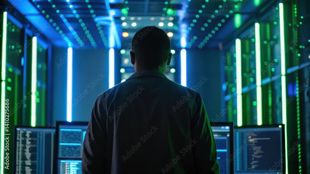 Poster cybersecurity service professionals monitor systems in high tech environment ensuring data protectio