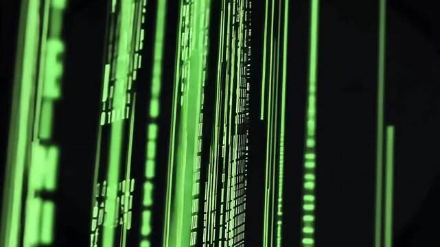 Green digital code streams falling, dark background, futuristic tech backdrop