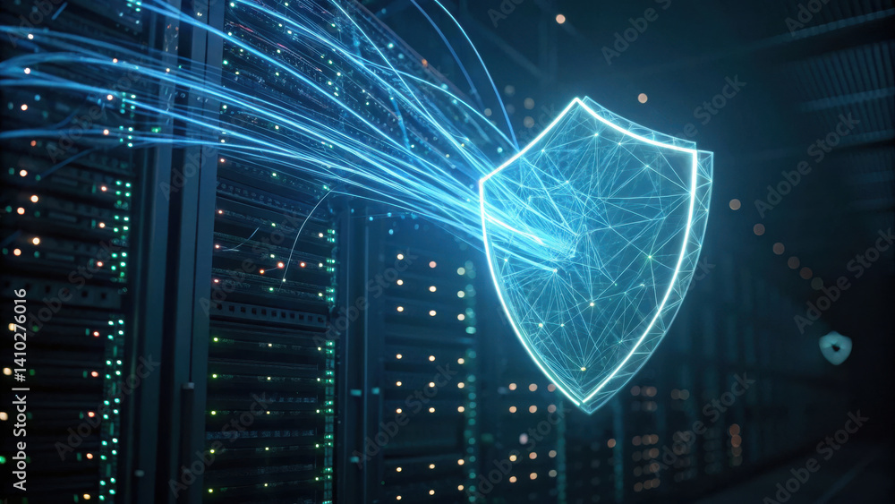 Poster digital shield symbolizes cybersecurity service protecting data in server environment with vibrant l