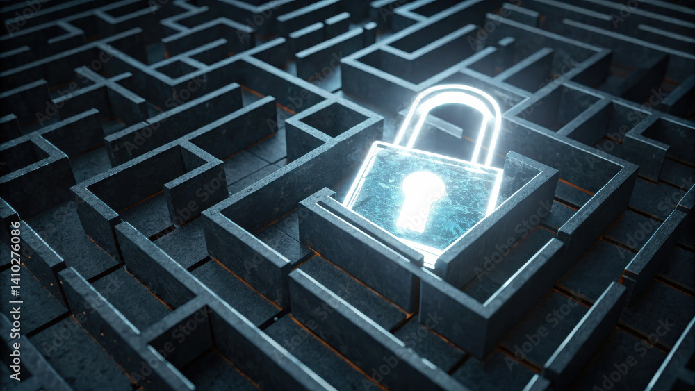 Poster glowing padlock symbolizes cybersecurity within complex maze, representing challenges of securing di