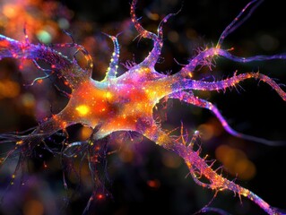 Neuron Detailed Representation, with unique shape, extensions, and glowing connections essential for brain function.
