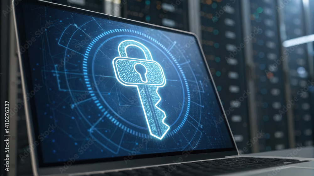 Poster laptop displaying digital lock symbol represents cybersecurity service in modern tech environment