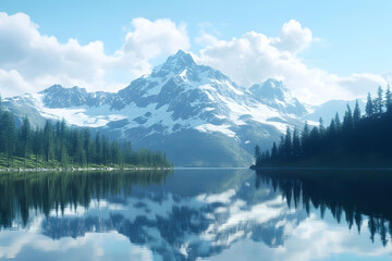 Serene mountain lake reflecting a snow-capped peak.