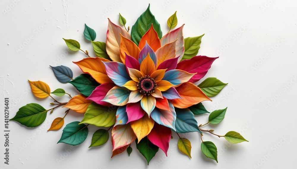 Aufkleber layered leaf and bloom: generate an intricate design with layered petals and leaves in mixed colors 