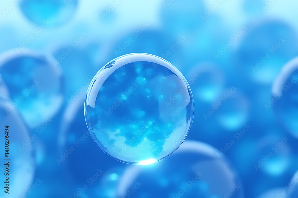 Poster floating transparent cell with sparkling particles abstract scientific background for stem cell rese