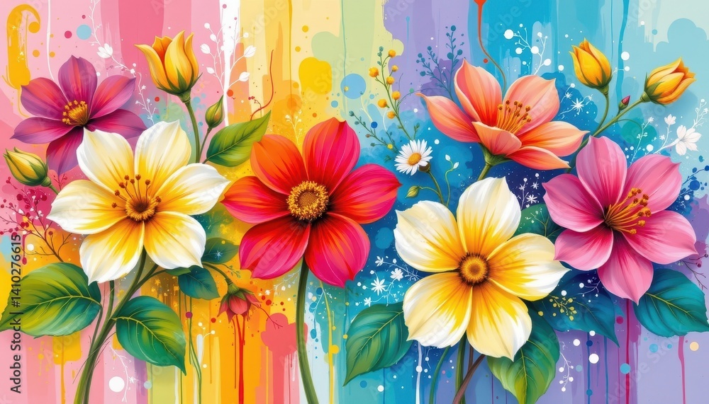 Poster joyful spring blossoms: create a lively abstract representation of spring flowers with energetic bru