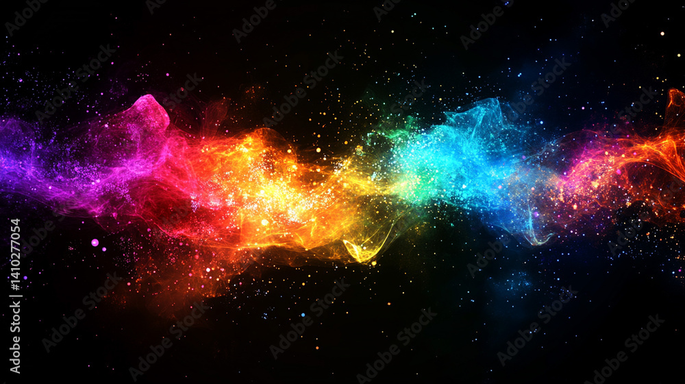 Poster abstract swirling colorful energy bursts in a dark background with sparkling particles.