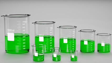 Family of laboratory beakers containing a clear green liquid - Borosilicate heat resistant glass - Flask sizes are 10000ml, 5000ml, 3000ml, 2000ml, 1000ml, 500ml, 250ml, 125ml