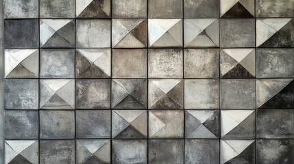 Abstract Wall of Square Concrete Tiles with Geometric Pyramid Design