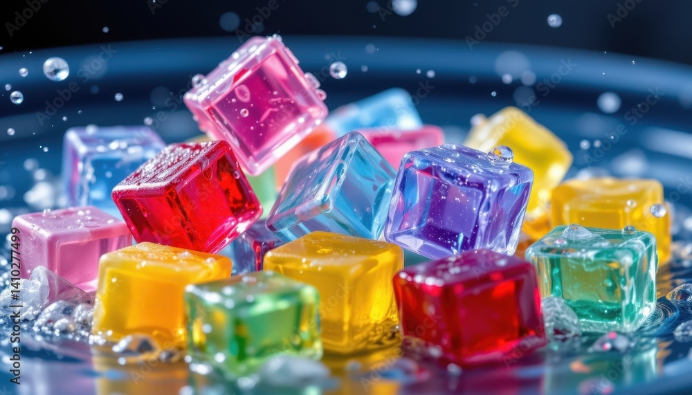 Poster colored ice cubes: generate a playful design featuring colorful ice cubes drifting in water, capturi