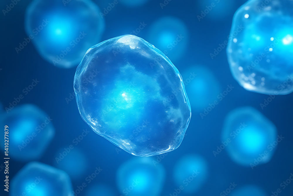 Poster floating transparent cell with sparkling particles abstract scientific background for stem cell rese