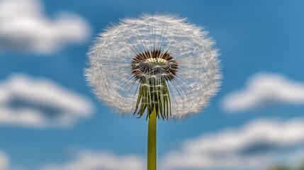 Fototapeta premium Close-up view of a dandelion seed head against a partly cloudy sky.