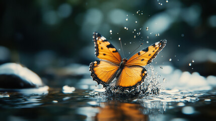 Obraz premium Orange Butterfly Emerging from Water Splash, Nature Close Up