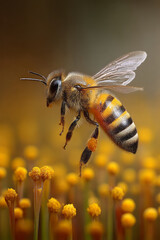 Close-up of a honeybee collecting pollen from a sunflower. 