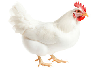 Fototapeta premium White Chicken Portrait: A pristine white chicken stands majestically, showcasing its smooth feathers and vibrant comb. The bird's posture conveys a sense of calm confidence.